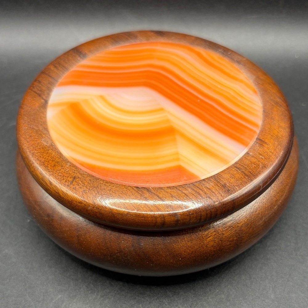 Woodstones Round Brazilian Wooden Agate Inlaid Top Trinket Jewelry Keepsake Box